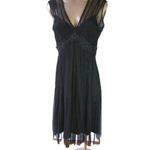 ECI New York Black Mesh Evening Dress Beaded Waist Size 4 Illusion Empire  Lined